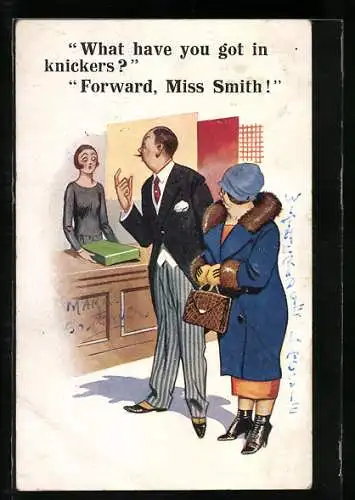 Künstler-AK Junger Herr fragt nach schönen Stoffen, es wird nach einer Dame gerufen