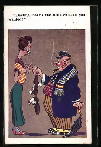 Künstler-AK Mann hat Hasen anstelle eines Huhns gefangen