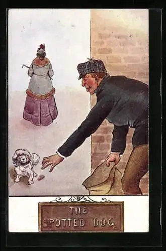 Künstler-AK Mann will einen kleinen weissen Hund klauen, the spotted dog