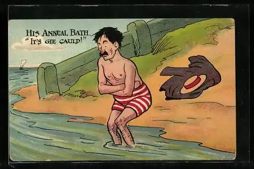 Künstler-AK Mann steigt in eiskaltes Meerwasser für sein jährliches Bad
