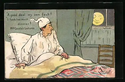 Künstler-AK Mann schaut schlaflos auf den Vollmond