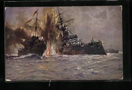 Künstler-AK Hans Bohrdt: Kriegsschiff unter Beschuss