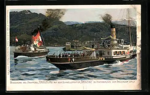 Künstler-AK Zeno Diemer: Dampfer Habsburg und Schnelldampfer Bregenz begegnen sich
