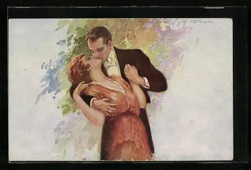 Künstler-AK de Godella: Mann küsst leidenschaftlich seine Geliebte