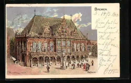 Lithographie Bremen, Ansicht vom Rathaus