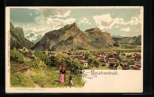 Künstler-Lithographie Bad Reichenhall, Ortsansicht mit Mutter und Kind