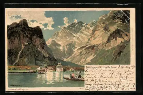 Lithographie Königssee / Obb., St. Bartholomä mit Besuchern