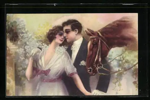 AK Liebespaar mit einem Pferd und Blumen