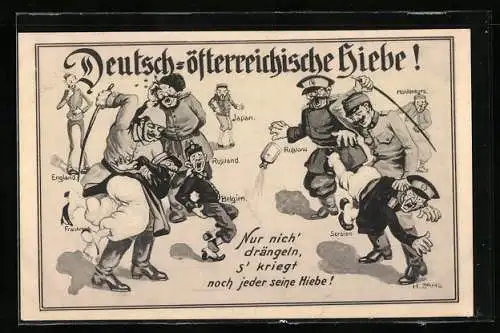 Künstler-AK H. Zahl: Soldaten des Zweibundes verprügeln den Feind