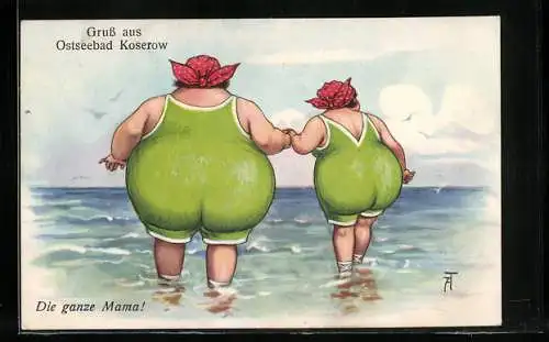 Künstler-AK Arthur Thiele: Rückenansicht von Mutter und Tochter im Badeanzug