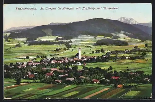 AK St. Georgen im Attergau, Ortsansicht mit Buchberg und Traunstein