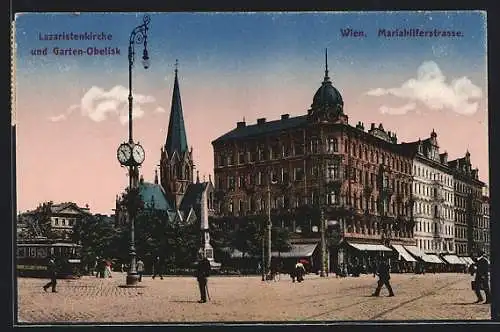 AK Wien, Lazaristenkirche und Garten-Obelisk in der Mariahilferstrasse, Strassenbahn