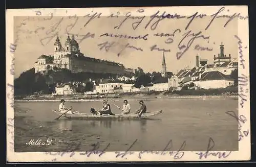 AK Melk /Donau, Ruderboot mit Hund