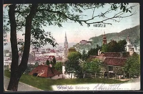 AK Salzburg, Ortsansicht von einer Anhöhe aus