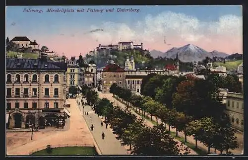 AK Salzburg, Blick auf Mirabellplatz mit Festung und Untersberg