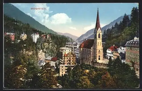 AK Badgastein, Ortsansicht mit Kirche und Bergblick