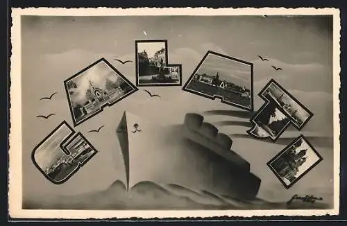 AK Galati, Dampfer, Denkmal, Hafenpartie