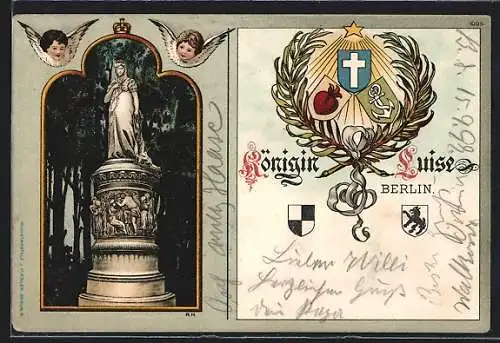 Lithographie Berlin-Tiergarten, Königin Luise Denkmal, Wappen