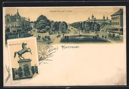 Lithographie Hannover, Herrenhäuser Allee, Sachsenross