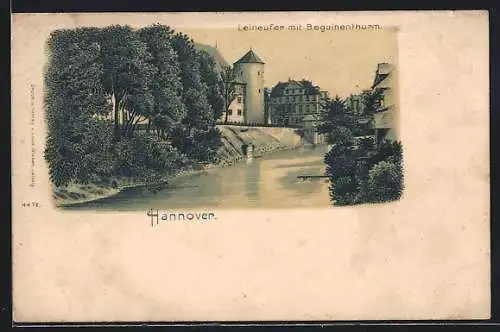 Lithographie Hannover, Leinufer mit Beguinenturm