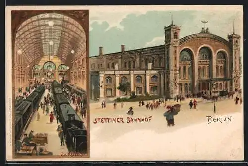 Lithographie Berlin, Stettiner Bahnhof, Innenansicht mit Zügen, Invalidenstrasse