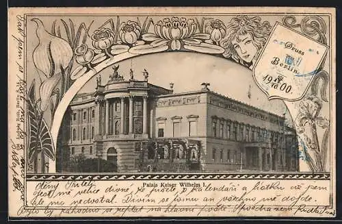 AK Berlin, Palais Kaiser Wilhelm, Frau mit Blumen, Passepartout