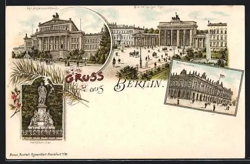 Lithographie Berlin, Brandenburger Tor, Ruhmeshalle, Schauspielhaus
