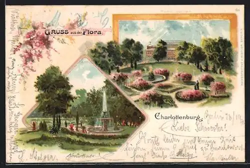 Lithographie Berlin-Charlottenburg, Anlagen in der Flora, Springbrunnen