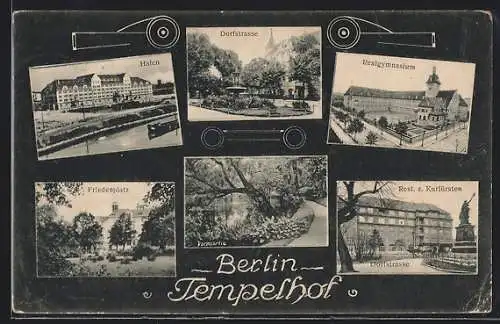 AK Berlin-Tempelhof, Restaurant zum Kurfürsten an der Dorfstrasse, Realgymnasium, Hafen