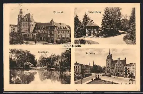 AK Berlin-Steglitz, Postamt, Fichtenberg, Rathaus, Stadtpark