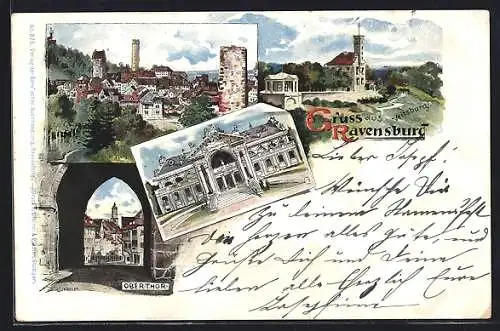 Künstler-AK sign.: K. Fuchs, Ravensburg, Veitsburg, Konzerthaus, Obertor, Stadtansicht