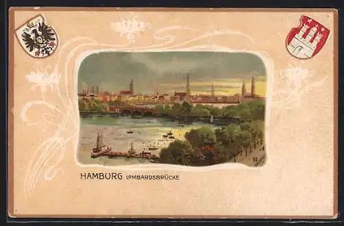Passepartout-Lithographie Hamburg-Neustadt, Blick auf die Lombardsbrücke, Wappen der Stadt Hamburg