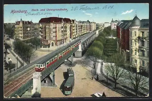 AK Hamburg-Harvestehude, U-Bahn als Hochbahn in der Isestrasse, Strassenbahn