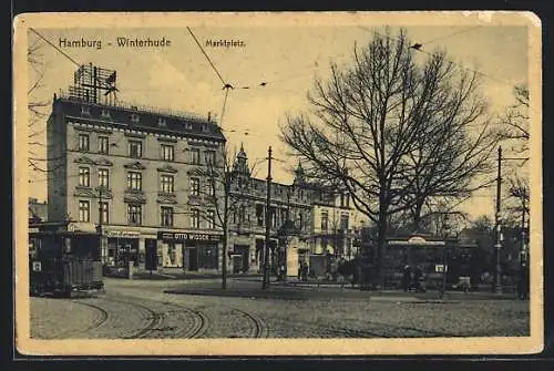 AK Hamburg-Winterhude, Strassenpartie am Marktplatz, Strassenbahn