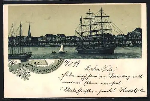 Lithographie Travemünde, Uferpartie mit Segelschiff