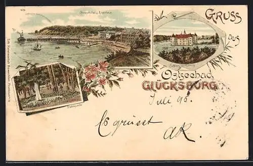 Vorläufer-Lithographie Glücksburg, 1895, Ostseebad, Strandhotel und Logierhaus, Schloss Glücksburg, Stahlquelle