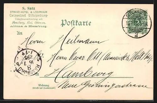 Vorläufer-Lithographie Glücksburg, 1895, Ostseebad, Strandhotel und Logierhaus, Schloss Glücksburg, Stahlquelle