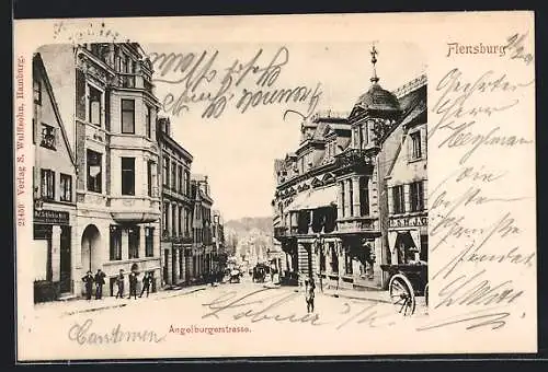 AK Flensburg, Angelburgstrasse mit Geschäften