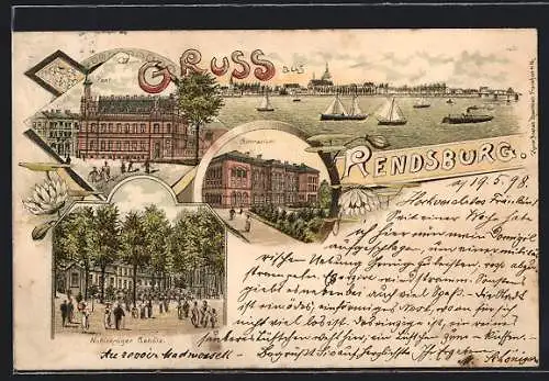 Lithographie Rendsburg, Nobiskrüger Gehölz, Gymnasium, Post