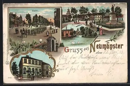 Lithographie Neumünster, Bahnhofs-Hotel, Mühlenteich, Soldaten auf dem Markt