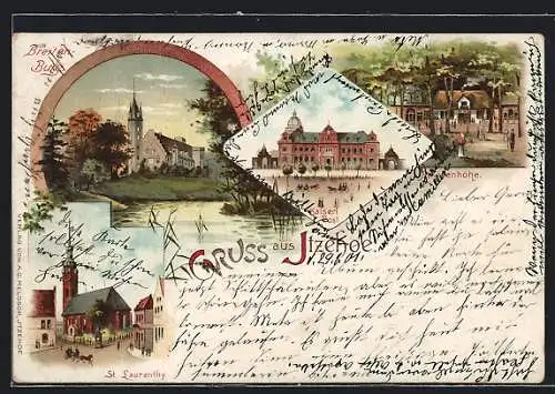 Lithographie Itzehoe, Breitenburg mit Kaiserl. Post