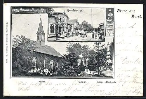 AK Horst / Holstein, Kirche mit Pastorat und Krieger-Denkmal, Hauptstrasse