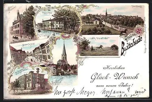 Lithographie Buxtehude, Totalansicht mit Breiter Strasse, Kaiserlichem Postamt und Moorthor
