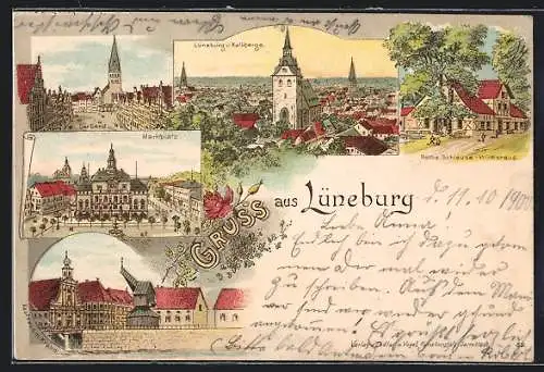 Lithographie Lüneburg, Gasthaus Rothe Schleuse, Marktplatz