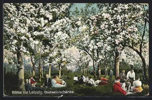 AK Rötha bei Leipzig, Obstweinschänke unter blühenden Bäumen