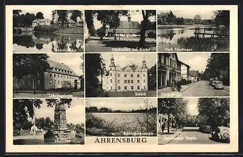 AK Ahrensburg / Holstein, Schlossbrücke, Lehrlingsheim, Park Manhagen und Hamburger Strasse
