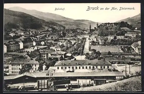 AK Bruck an der Mur, Teilansicht mit Bahnhof