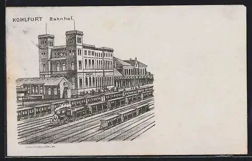 Künstler-AK Kohlfurt, Züge im Bahnhof