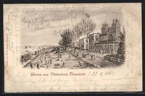 Lithographie Niendorf / Ostsee, Promenade und Strandleben