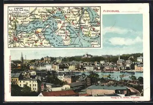 AK Flensburg, Ortsansicht am Fluss, Karte mit der Flensburger Föhrde